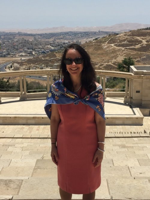 Dr. Carol O’Donnell at Hebrew University’s Mount Scopus Campus in Israel Standing at the location where the Hebrew University was Founded