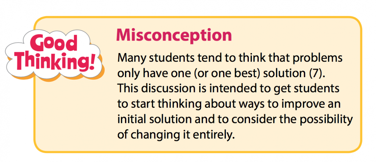 A Misconception call-out box that reads, “Many students tend to think that problems only have one (or one best) solution. This discussion is intended to get students to starting thinking about ways to improve an initial solution and to consider the possibility of changing it entirely.”