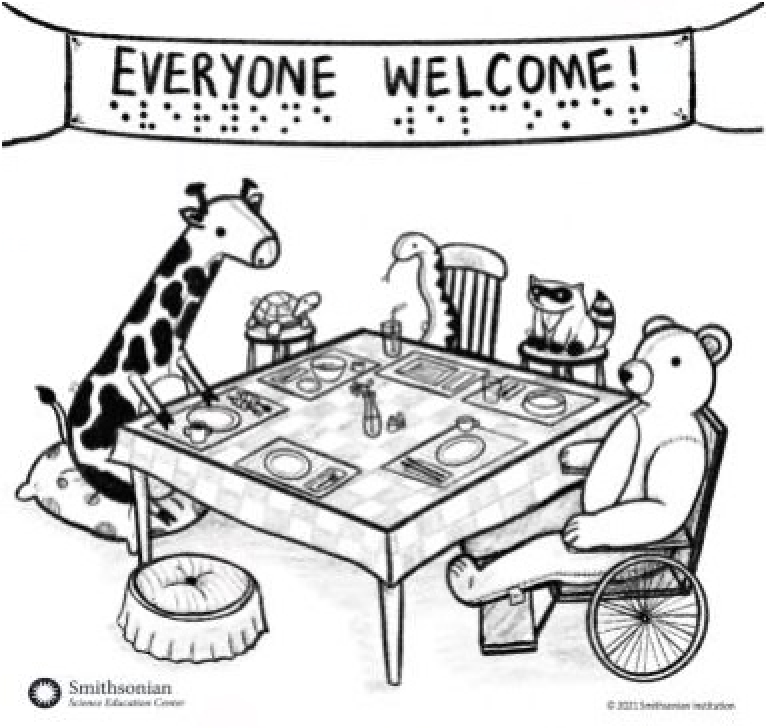 Stuffed animals at a party. Left to Right, tall giraffe with gripping utensils, small tortoise on a tall stool, snake with a drinking straw, raccoon with a wide bowl, and large teddy bear in wheelchair with chopsticks, sit around a table with one open seat. A welcome banner above and card on the table in braille and text.