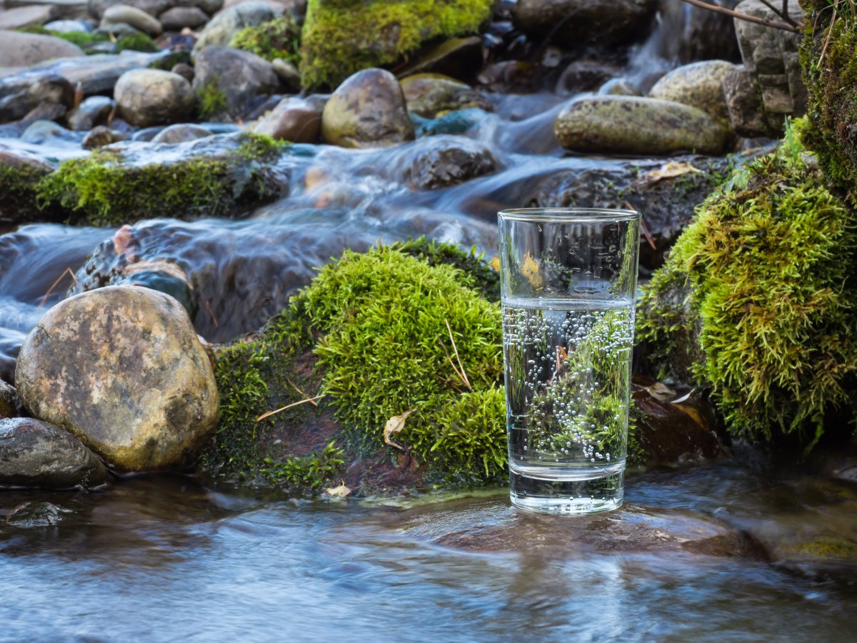 Image of glass of water by stream