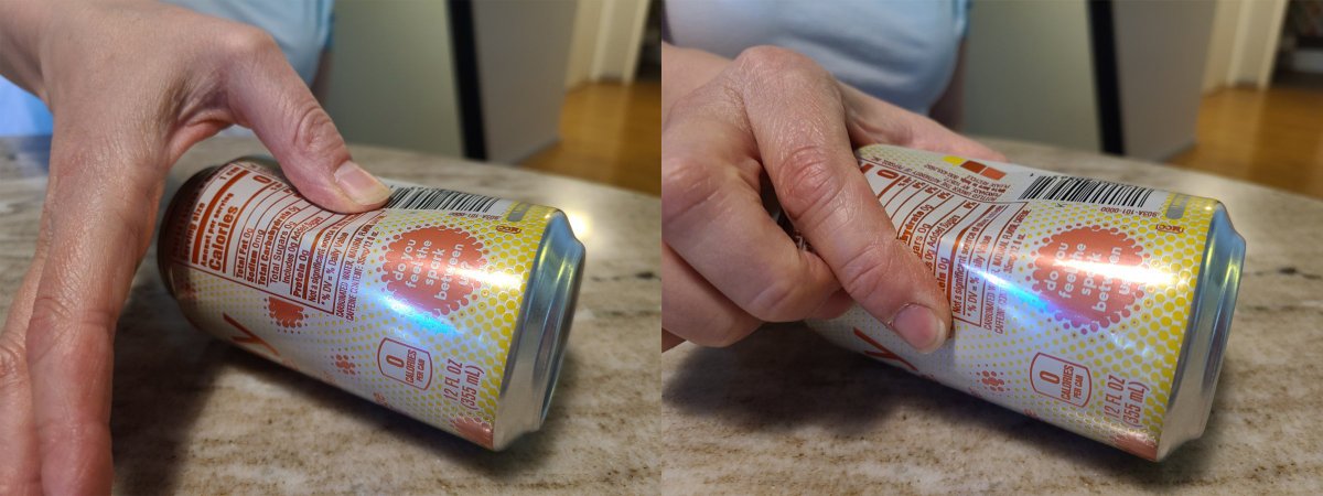 Left: Image of an aluminum can being pushed in by a thumb. Right: Image of a dented soda can being squeezed to remove the dent.