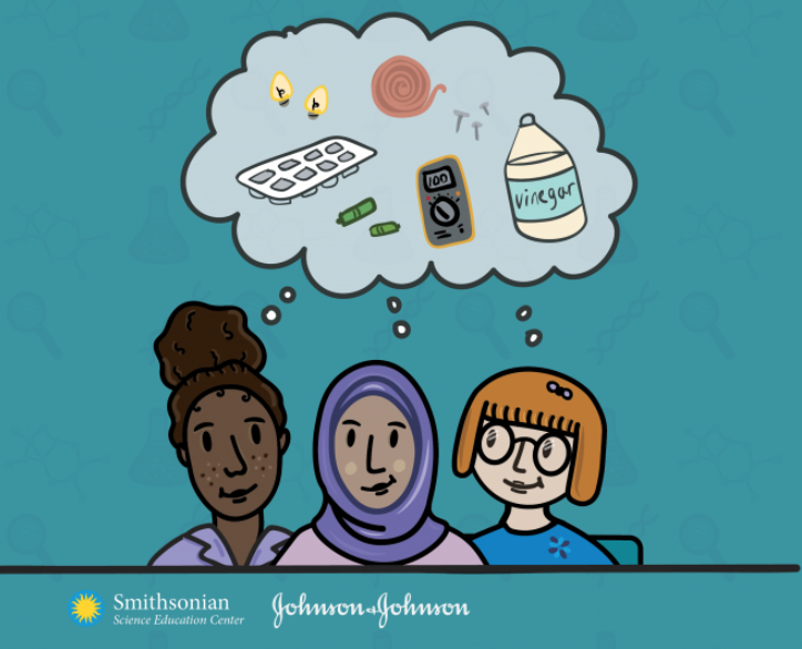 Illustration of young female students thinking about how to engineer a battery using household products.