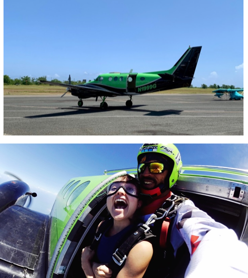 Top image: Plane used for skydiving. Bottom image: Skydiver and instructor exiting the plane.
