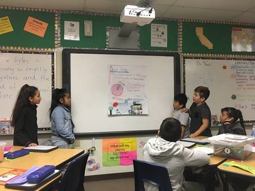 A group of four students stand in front of a poster they have drawn and explain what is on the poster to the class.