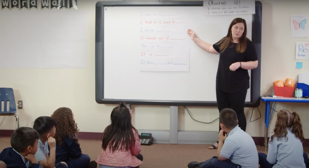 Image of teacher pointing to white board