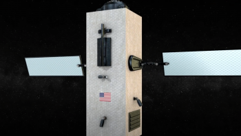 An artistic rendering of a spacecraft with grey body and solar panels.