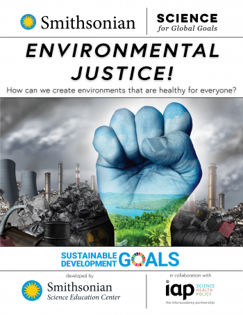The Environmental Justice Guide cover with a fist of blue sky and green grass in the foreground of a gray polluted scene.