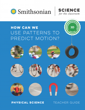 Cover of Smithsonian Science for the Classroom teacher guide with a blue background and 12 images in circles with bicyclists, magnets, and a tire swing