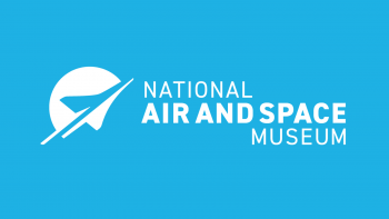 A blue rectangle logo of a plane in a white circle and white text that says National Air and Space Museum 