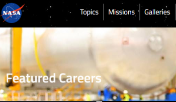 A warehouse with large siver machine in the background with the text NASA featured careers.