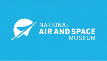 National Air and Space Museum logo of a blue rectangle and a white airplane and white text