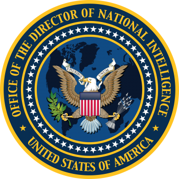 Round seal with a bald eagle in the middle, e pluribus unum on paper in its beak, olive branch in one talon and arrows in the other, vertical depiction of the US flag on its body and a globe behind it. There is a ring of stars around the eagle and globe and then a circle of text that says the Office of the Director of National Intelligence United States of America. 
