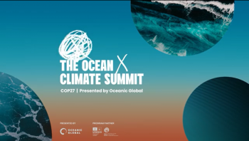 A rectangular image that is blue on the top and fades into rust orange with white text that says the Ocean X Climate Summit