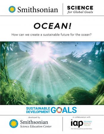 Cover of the Ocean community research guide with an underwater photo of sea grass, fish, and sunlight through the water.