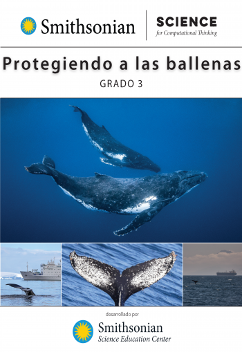 The cover of Protegiendo a les ballenas with 4 images of whales and ships