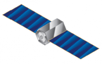 Illustration of cubesat satellite with grey hexagonal body and blue solar panel wings