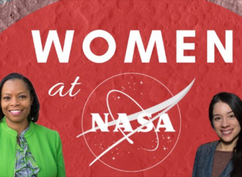 A red rectangle with two women on the right and left side and the text Women at NASA