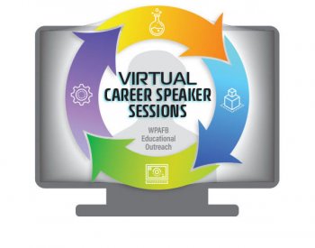 Illustration of a tv with four arrows in a circle with Virtual Career Speaker Series in text