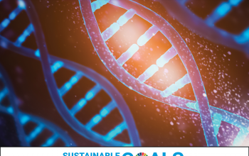 the cover of the Biotechnology guide with a blue DNA helix and text saying Smithsonian Science for Global Goals and Biotechnology. 