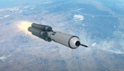 An artist rendering of a rocket leaving Earth