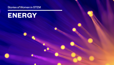 A dark blue background with orange and purple fiber optics wires and white text that says Women in STEM: Energy