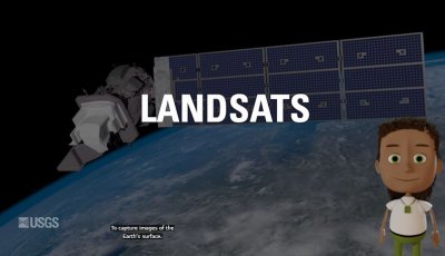 Satellite above earth with text that says landsats