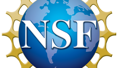 A blue globe with text that says NSF a ring of gold spikes around the globe.