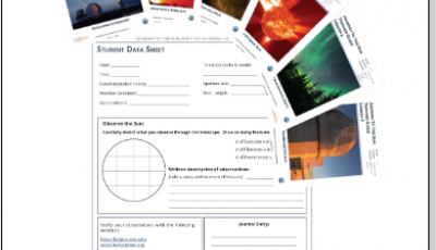 A white square with six cards spread out wtih images of a telescope, the sun, and arura as well as a student data sheet. 