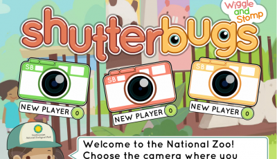 Title screen for the educational kindergarten game, Shutterbugs: Wiggle and Stomp