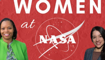 A red rectangle with two women on the right and left side and the text Women at NASA