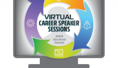 Illustration of a tv with four arrows in a circle with Virtual Career Speaker Series in text