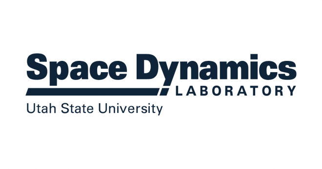 White rectangle with blue text that says Space Dynamics Laboratory Utah State University