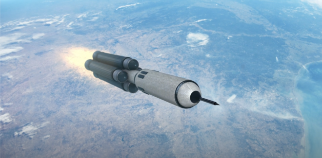 An artist rendering of a rocket leaving Earth