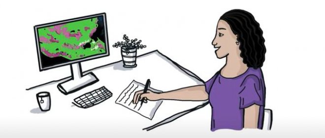 Illustration of a woman at a computer writing on paper