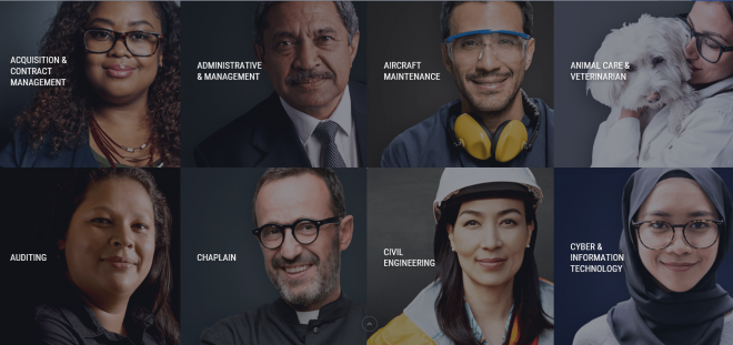 A gallery of eight people  and text hat says acquisitions, administration, aircraft maintenance, animal care, auditing, chaplain, civil engineering, and information technology.