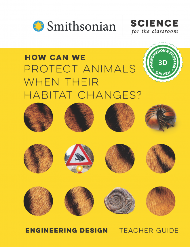 Cover of Smithsonian Science for the Classroom with yellow background and 12 images in circles with tiger stripes, insect, fossil, and animal crossing sign.