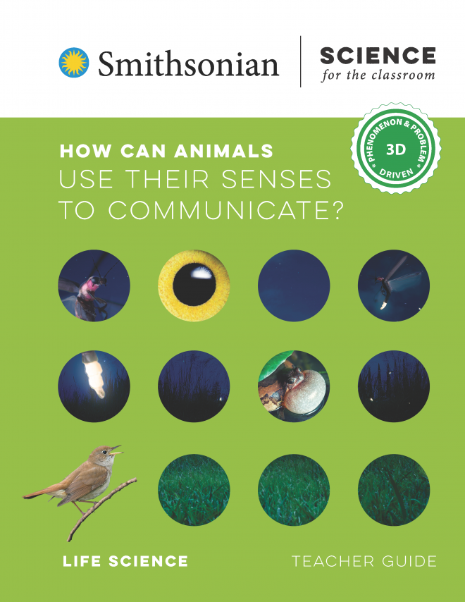 Cover of the grade 4 life science teacher guide with the title how can animals use their senses to communicate and images of fireflies, birds and eyes