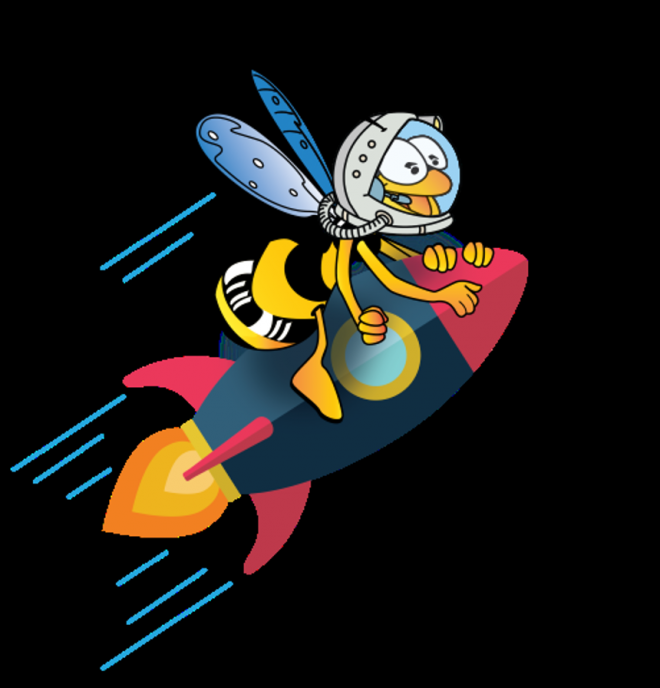 A bee with a space helmet riding a rocket with a black background