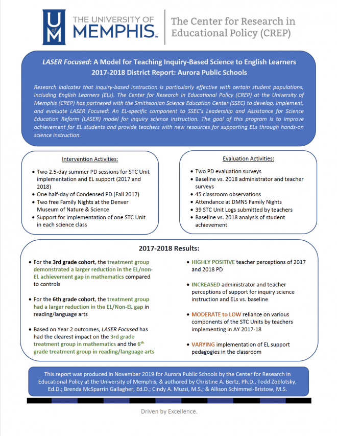 LASER Focused: A Model for Teaching Inquiry-Based Science to English Learners - 2017-2018 District Report: Aurora Public Schools