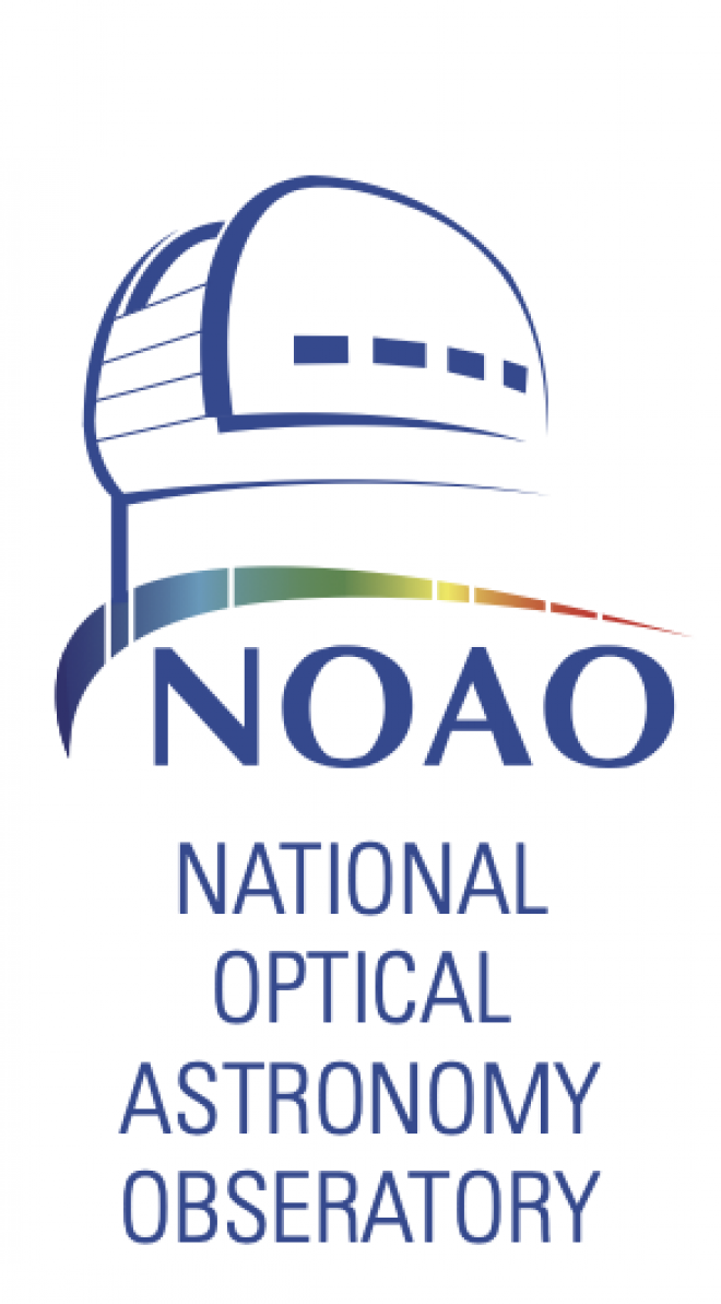 Line art illustration of observatory with text that says NOAO underneath it