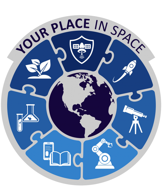 Circular logo with a navy blue globe in the center and a ring of puzzle pieces around the globe. The puzzle pieces are all shades of blue and have white icons in them. The icons are a plant, telescope, rocket, robotic arm, book, flask, and  shield with a satellite. 