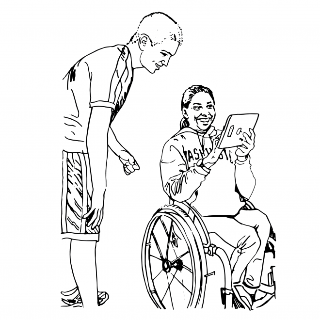 sketch of a boy leaning over a girl in a wheelchair reading a document