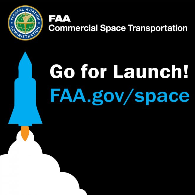 Illustration of a rocket launch with text saying Go For Launch FAA.gov/space